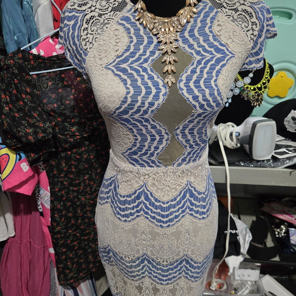 Elegant Lace Dress with Blue Accents